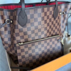 Louis Vuitton Brown Damier Ebene Tote with Red Interior